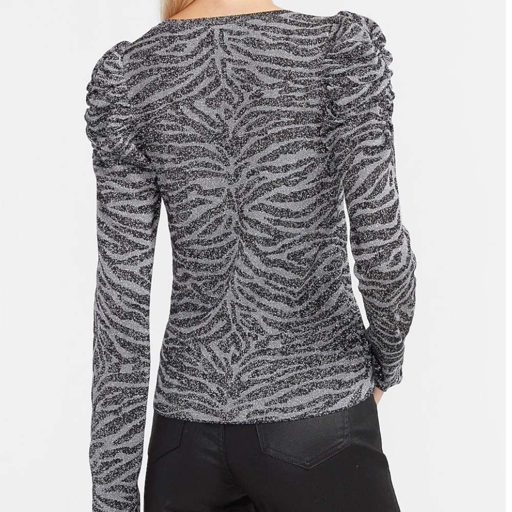 Express Metallic zebra ruched puff sleeve sweater - Picture 2 of 6